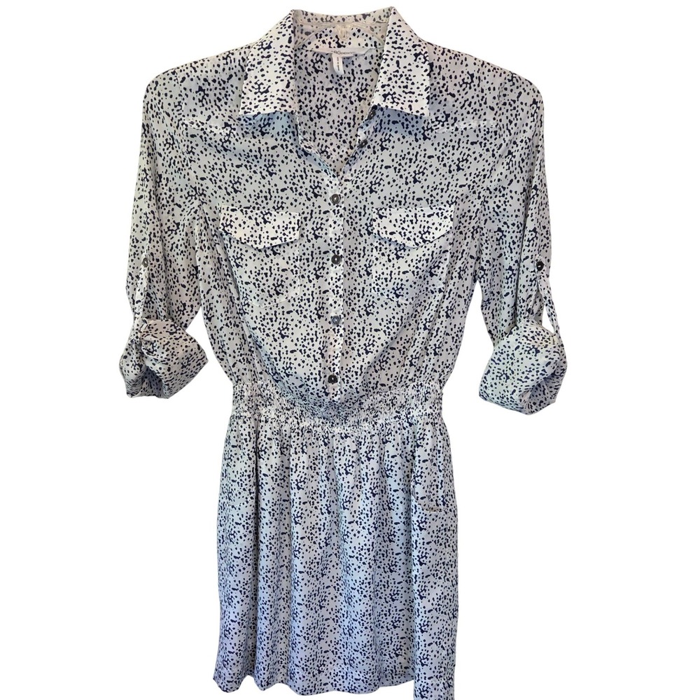 BCBGeneration Shirt Dress White Navy Dalmatian Print Pockets Size S - Picture 2 of 10